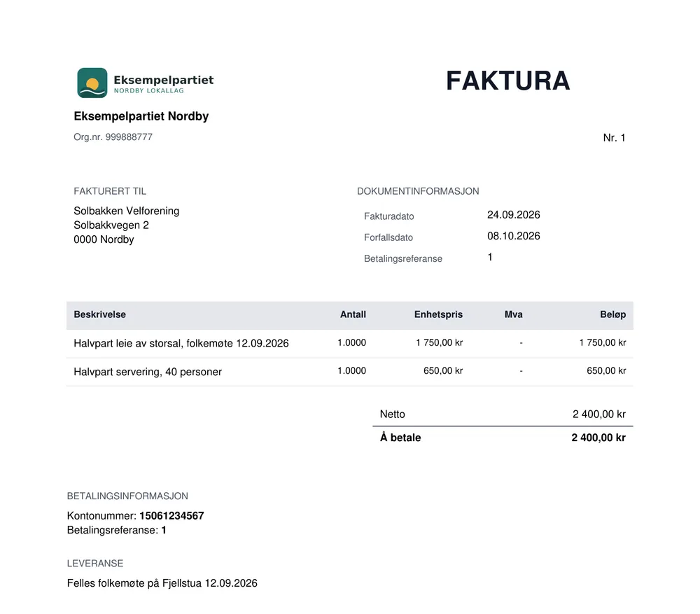 Toppen av en faktura laget i Kontert, med lokallagets egen logo, fakturamottaker, fakturalinjer for halv leie av storsal og servering, og beløp å betale.